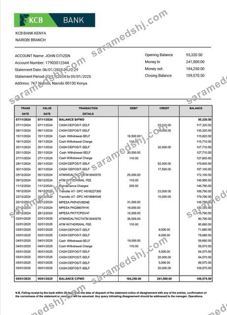 Kenya KCB Bank account statement Word and PDF template